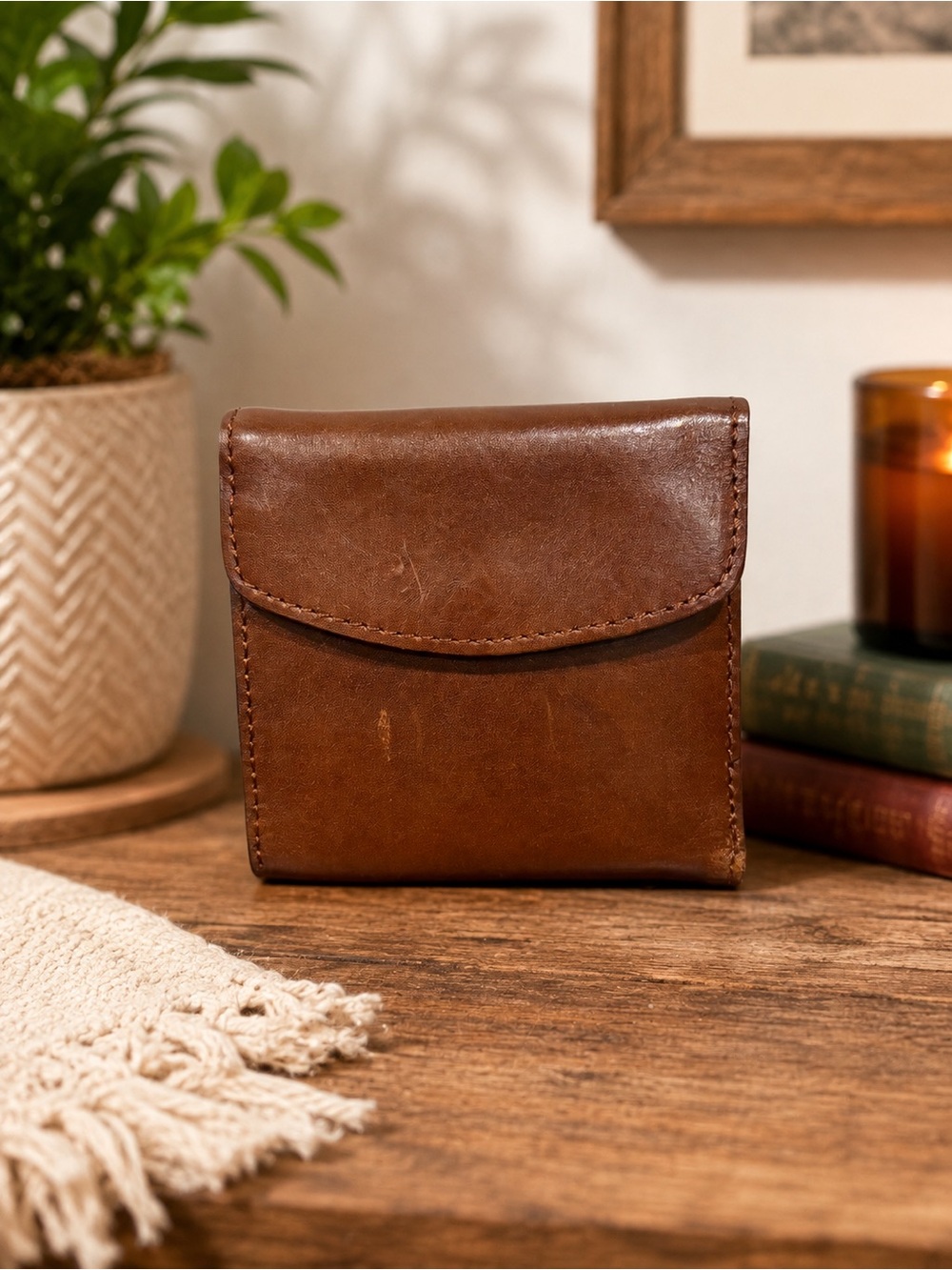 Patricia Nash Reiti Brown Leather Trifold Kiss-Lock Wallet RFID